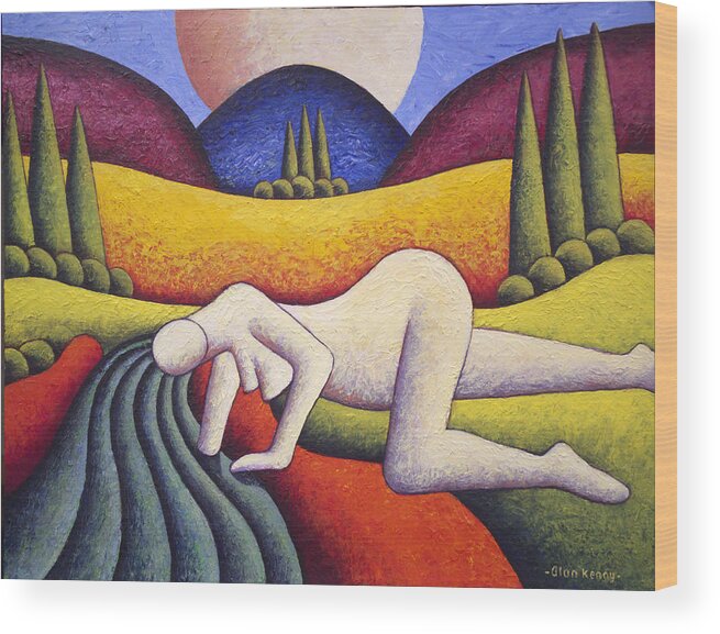 Nude Wood Print featuring the painting Nude In Soft Landscape With River 2 By Alankenny by Alan Kenny