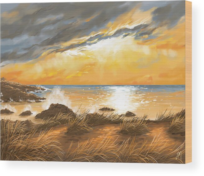 Sunset Wood Print featuring the painting Ocean by Veronica Minozzi