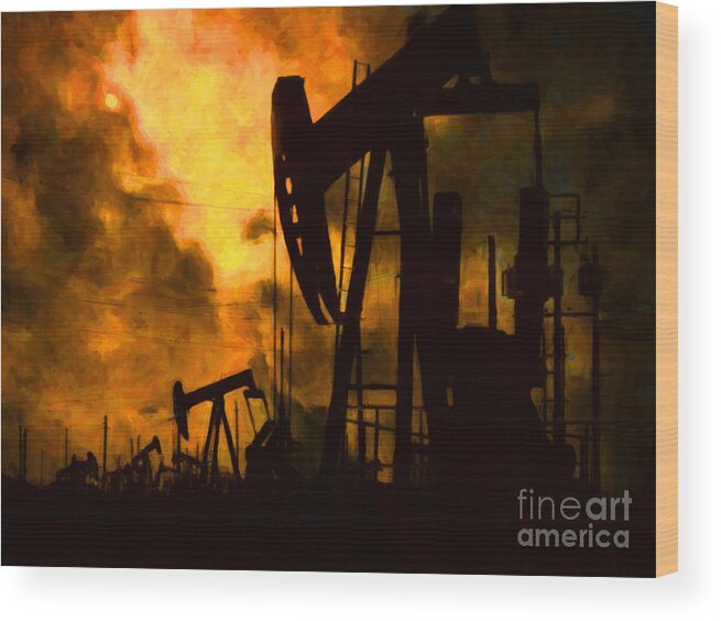Oil Field Wood Print featuring the photograph Oil Pumps by Wingsdomain Art and Photography