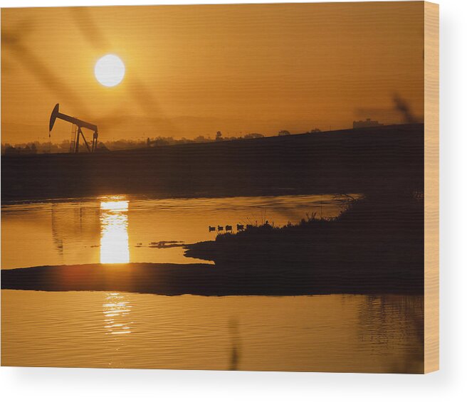 Bolsa Chica Wood Print featuring the photograph Oil Sunrise and Gold by Denise Dube