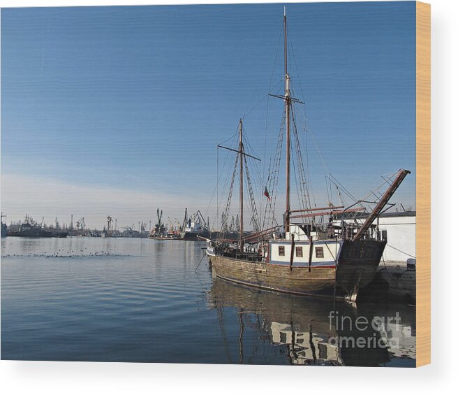 Sea Wood Print featuring the photograph Old Ship in Calm Water Harbor by Kiril Stanchev