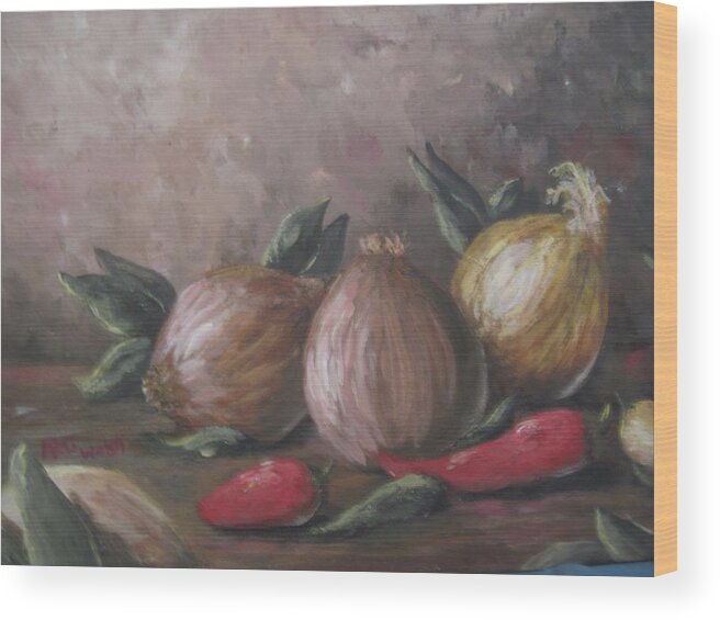 Vegetables Wood Print featuring the painting Onions and peppers by Megan Walsh