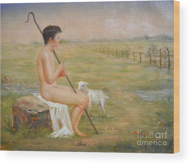 Original Oil Painting Wood Print featuring the painting Original classic oil painting man body art-male nude#16-2-4-02 by Hongtao Huang