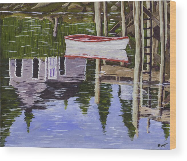 Small Wood Print featuring the painting Small Boat And Water Reflections in Maine by Keith Webber Jr