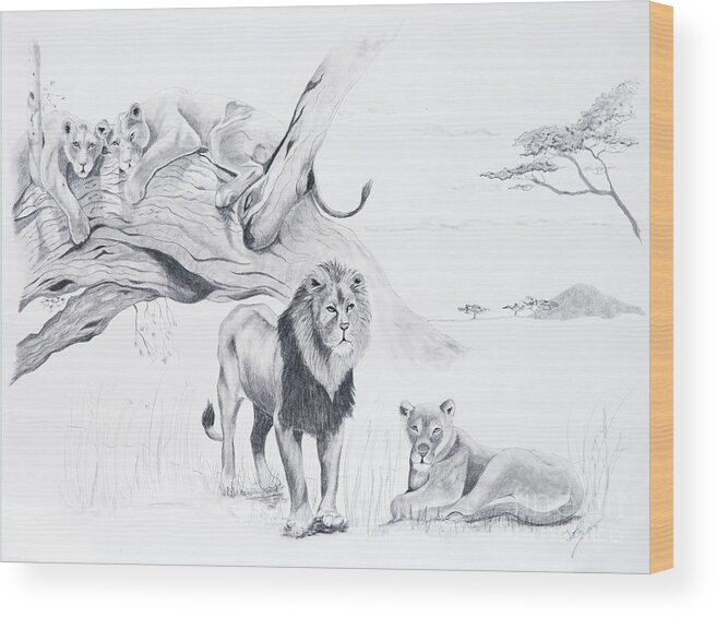 Lion Wood Print featuring the drawing Peaceful Pride by Joette Snyder