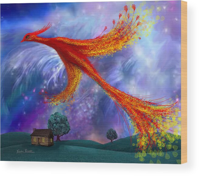 Phoenix Mythical Bird Symbol Rebirth Flying Fantasy Creature Inspirational Wood Print featuring the digital art Phoenix Flying at Night by Yuichi Tanabe