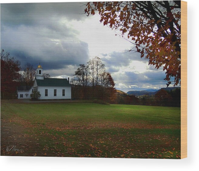 Piermont New Hampshire Wood Print featuring the photograph Piermont Church in Autumn Dusk by Nancy Griswold