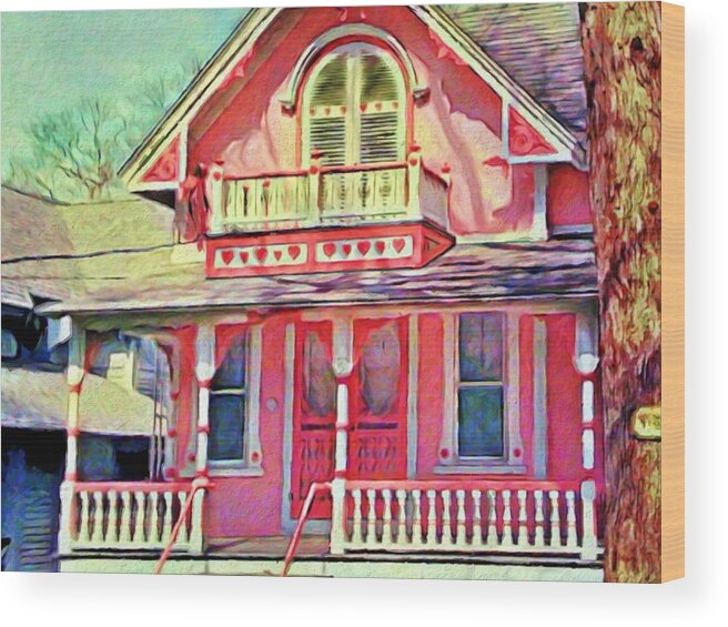 Sharkcrossing Wood Print featuring the painting H Pink Victorian Cottage - Horizontal by Lyn Voytershark