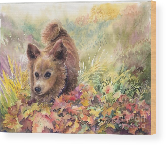 Dog Running In Fall Leaves Wood Print featuring the painting Playing in the Leaves by Marilyn Young