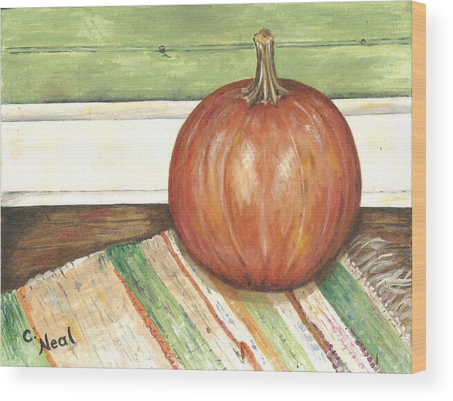 Pumpkin Wood Print featuring the painting Pumpkin on a Rag Rug by Carol Neal