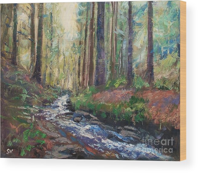 Sean Wu Wood Print featuring the painting Quiet woods with creek by Sean Wu