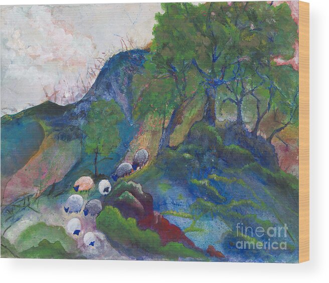 Sheep Wood Print featuring the painting Quiller's Sheep by Ginny Neece