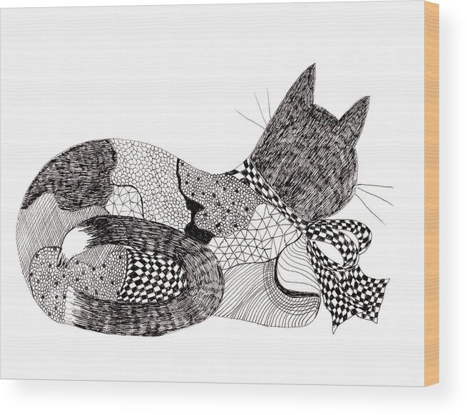 Cat Wood Print featuring the drawing Quilt Cat with Bow by Lou Belcher