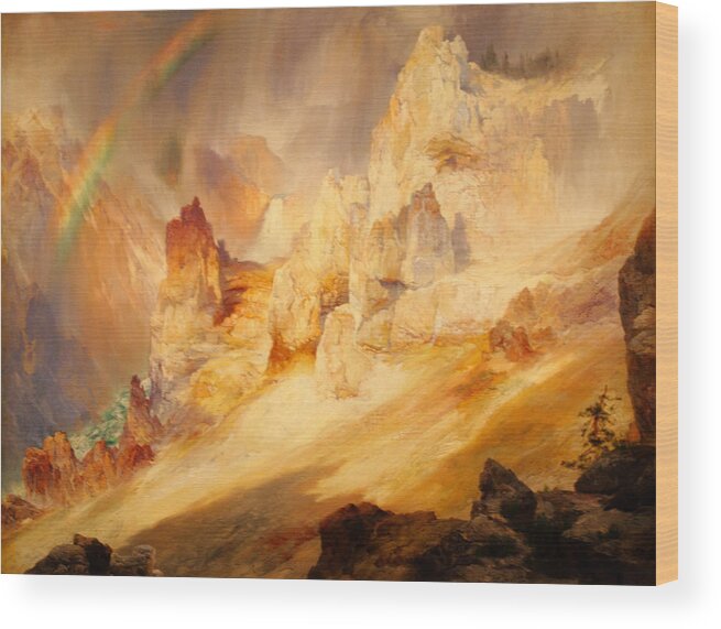 Thomas Moran Wood Print featuring the painting Rainbow over the Grand Canyon of the Yellowstone by Thomas Moran