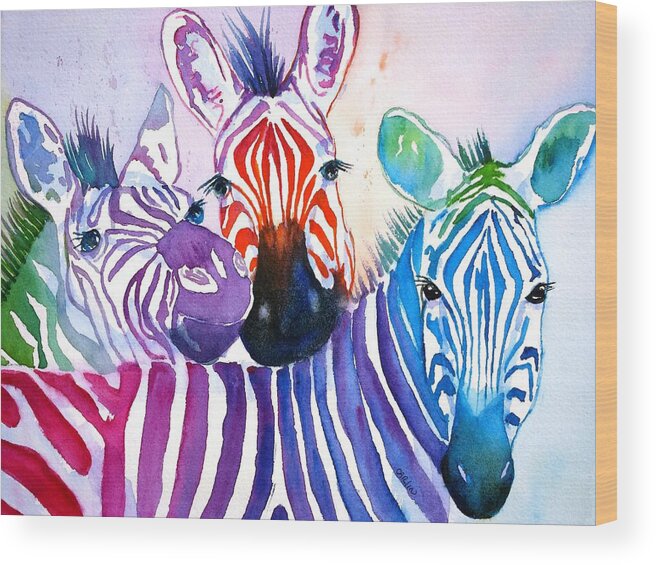 Zebra Wood Print featuring the painting Rainbow Zebra's by Carlin Blahnik CarlinArtWatercolor