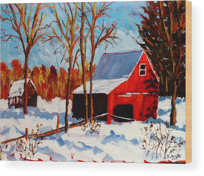 Red Wood Print featuring the painting Red Barn First Snow by Diane Arlitt