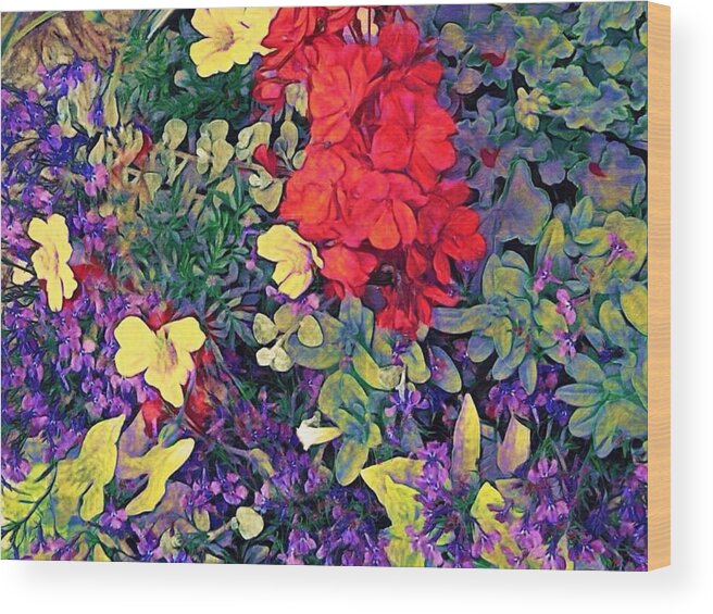 Sharkcrossing Wood Print featuring the digital art H Red Geranium with Yellow and Purple Flowers - Horizontal by Lyn Voytershark