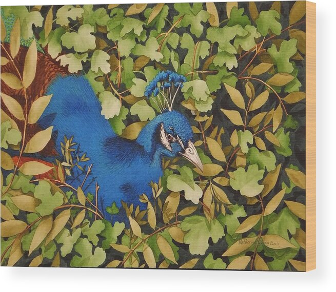 Print Wood Print featuring the painting Resting Peacock by Katherine Young-Beck