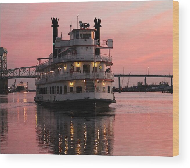 Riverboat Wood Print featuring the photograph Riverboat At Sunset by Cynthia Guinn