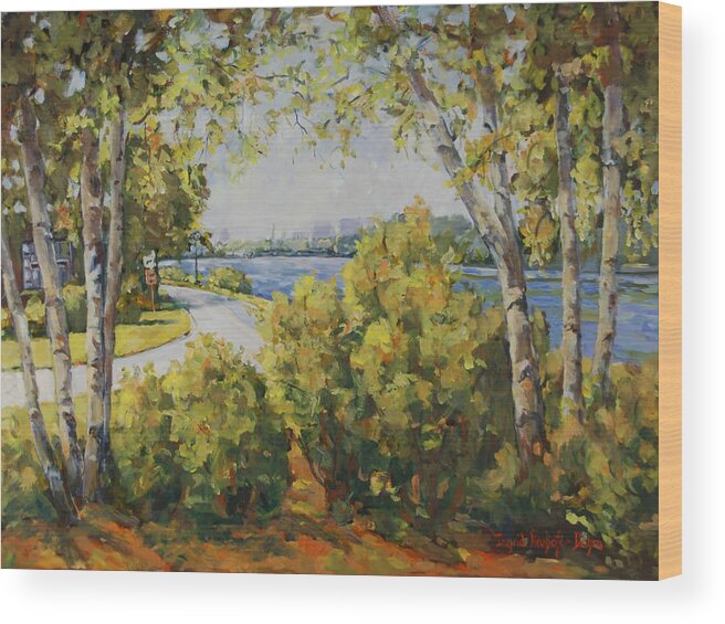 Rockford Il Wood Print featuring the painting Rock River Bike Path by Ingrid Dohm