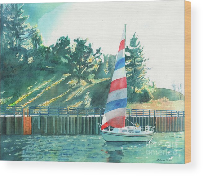 Boats Wood Print featuring the painting Sailing Back to Port, Sail Boat Paintings, Sail Boat Prints, Sailing, Pentwater, Michigan, Lakes by LeAnne Sowa