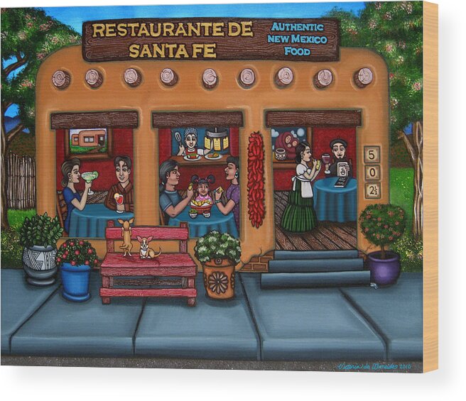 Folk Art Wood Print featuring the painting Santa Fe Restaurant by Victoria De Almeida