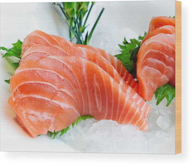 Pink Salmon Wood Print featuring the photograph Sashimi by Liyao Xie