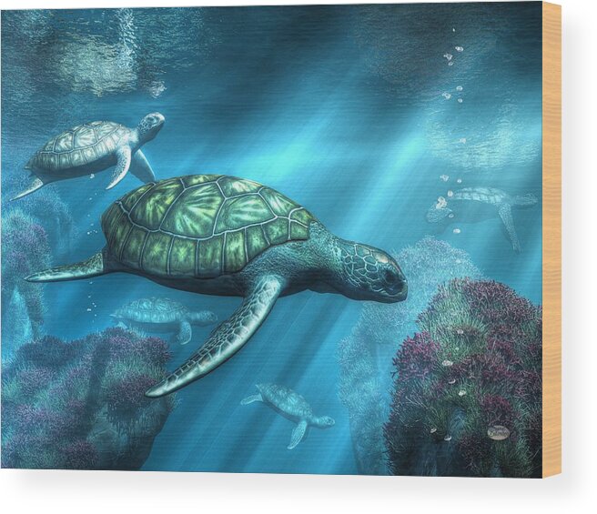 Sea Turtles Wood Print featuring the digital art Sea Turtles by Daniel Eskridge