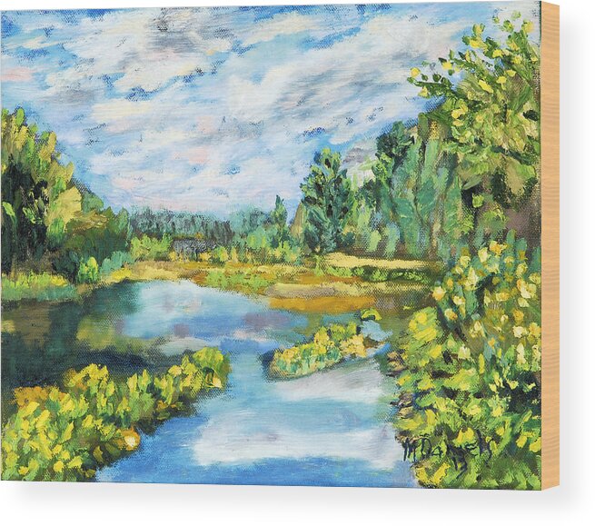 Water Pond Sky Reflections Clouds Summer Wood Print featuring the painting Serene Pond by Michael Daniels