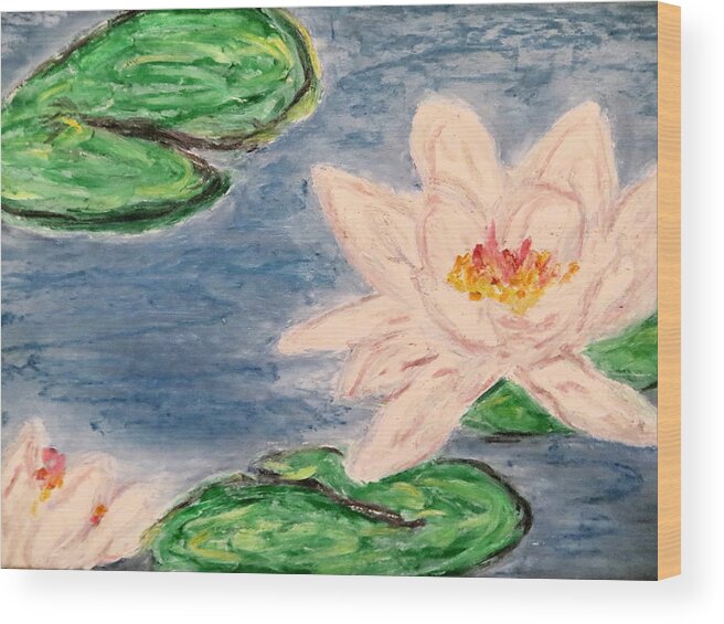 Water Lillies Color Impressionism Color Marsh Plant Aquatic Silver Green Color Pink Yellow White Simplistic Style Ocean Wood Print featuring the pastel Silver lillies by Daniel Dubinsky