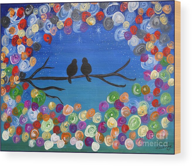 Love Wood Print featuring the painting Singing To The Stars tree bird art painting print by Ella Kaye Dickey