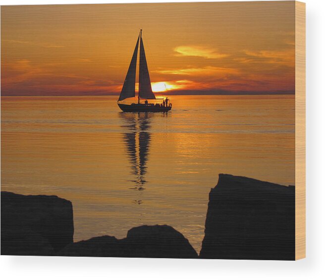 Sister Bay Sunset Sail #2 Wood Print featuring the photograph Sister Bay Sunset Sail 2 by David T Wilkinson