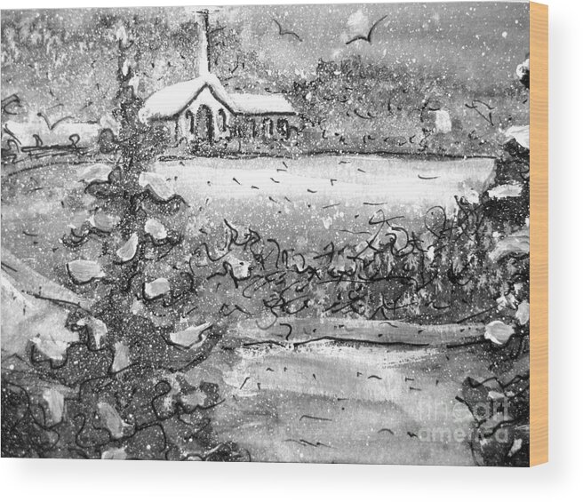 Church Wood Print featuring the painting Snowy Road To Church by Gretchen Allen