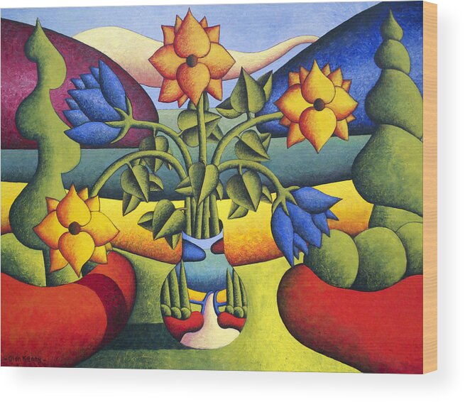  Wood Print featuring the painting Softvase with flowers in landscape by Alan Kenny