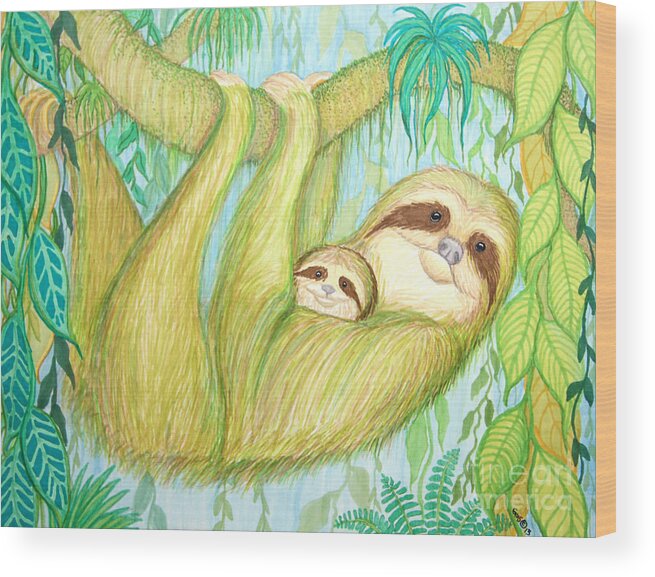 Sloth Wood Print featuring the drawing Soggy Mossy Sloth by Nick Gustafson