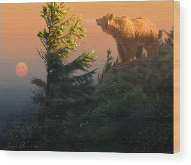 Grizzly Wood Print featuring the digital art Something On the Air - Grizzly by Aaron Blaise