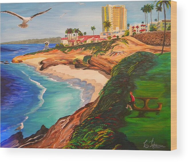 La Jolla Wood Print featuring the painting South La Jolla with Sea Gull by Eric Johansen