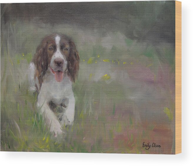 English Springer Spaniel Wood Print featuring the painting Spaniel At Rest by Emily Olson