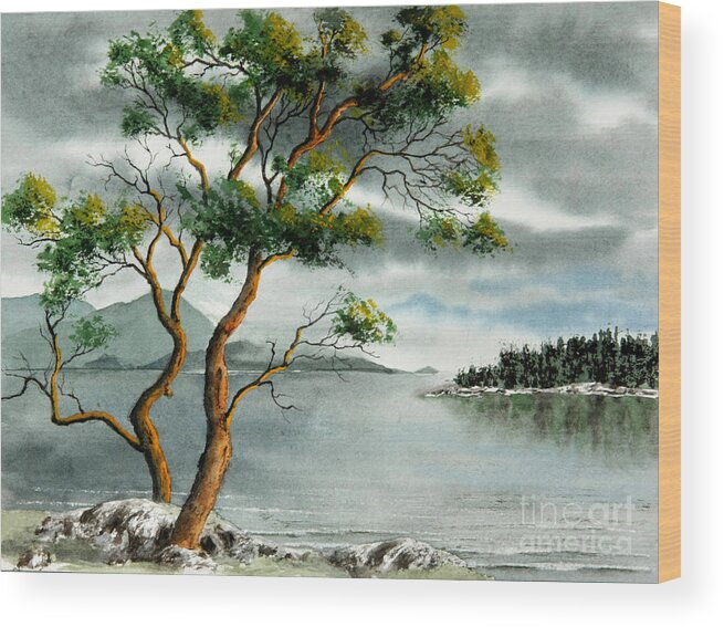 Watercolour Wood Print featuring the painting Stately arbutus by Frank Townsley
