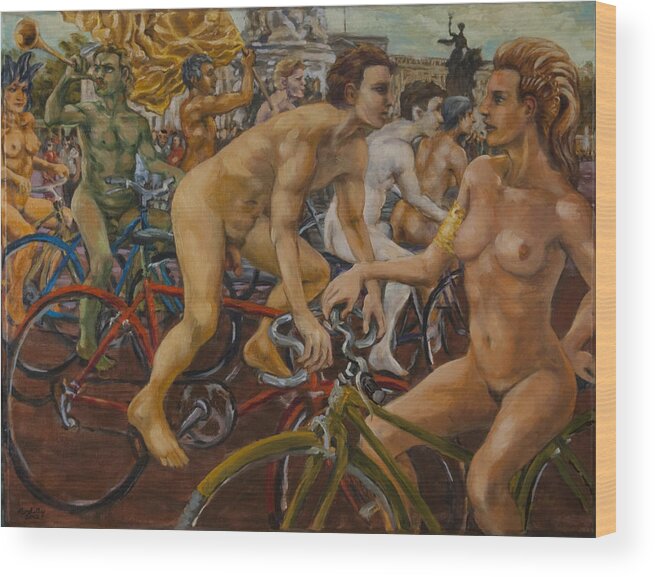 Buckingham Palace Wood Print featuring the painting Steward guiding naked bike ride outside Buckingham Palace by Peregrine Roskilly
