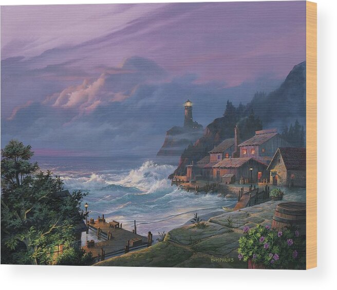 Lighthouse Wood Print featuring the painting Sunset Fog by Michael Humphries