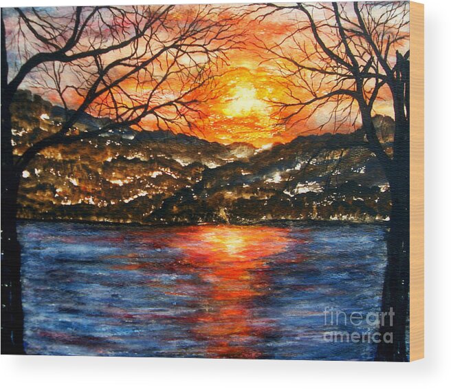 Vibrant Sunset On Greers Ferry Lake In Arkansas Wood Print featuring the painting Sunset on Greers Ferry Lake Arkansas by Vivian Cook