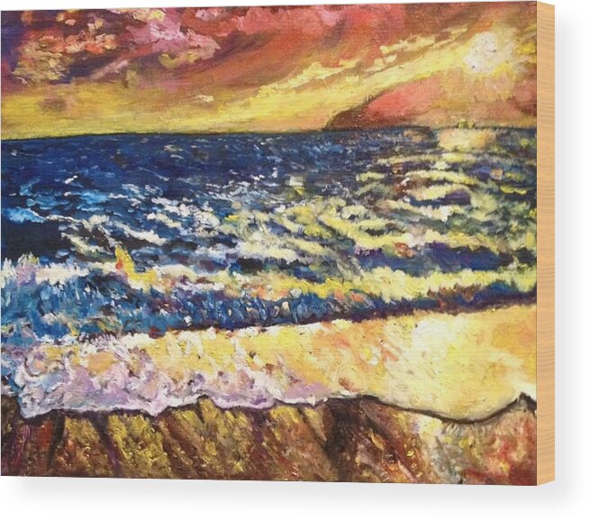 Sunset Wood Print featuring the painting Sunset Rest - Drama at Sea by Belinda Low