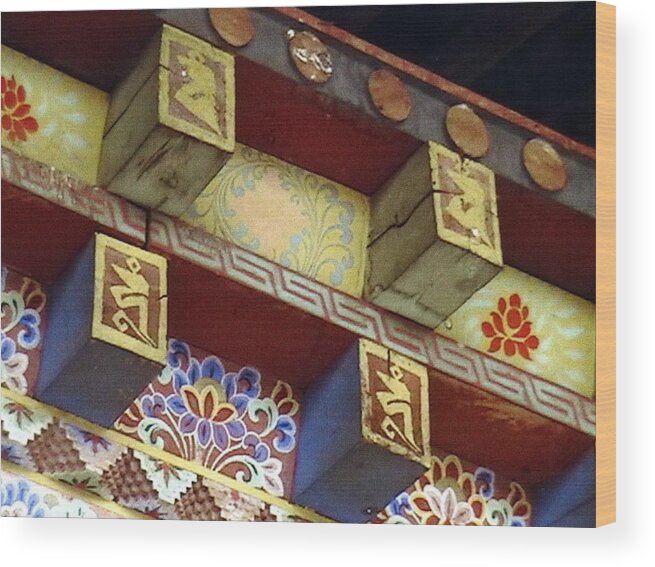 Architectural Detail Wood Print featuring the painting Temple in Bhutan by Patrick Morgan