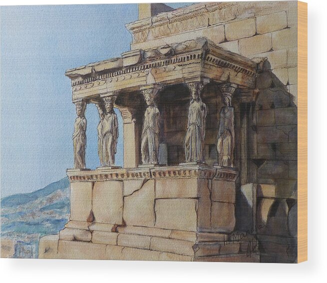 Athens Wood Print featuring the painting The Caryatid Porch of the Erechtheion by Henrieta Maneva