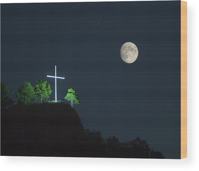 Cross Wood Print featuring the photograph The Cross and the Moon by HW Kateley