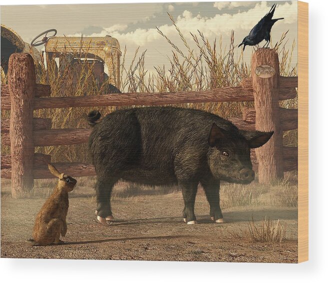 Pig Wood Print featuring the digital art The Pig and the Hare by Daniel Eskridge