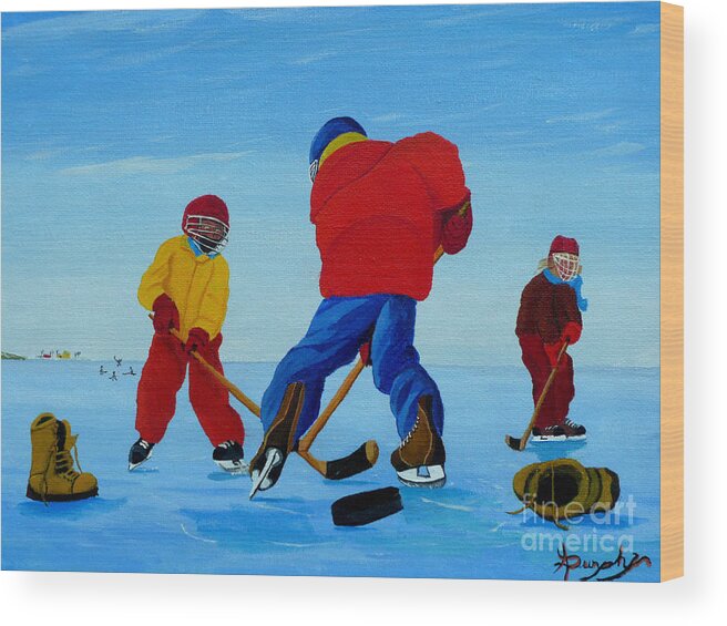 Winter Wood Print featuring the painting The Pond Hockey Game by Anthony Dunphy