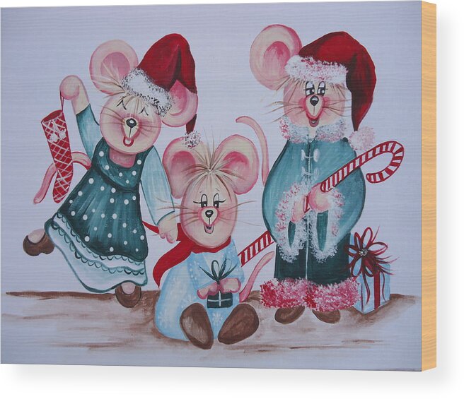 Christmas Mice Wood Print featuring the painting Three Merry Mice by Leslie Manley