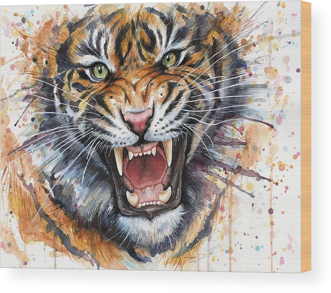 Watercolor Wood Print featuring the painting Tiger Watercolor Portrait by Olga Shvartsur